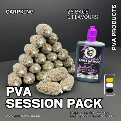 PRE TIED PVA MESH BAGS SESSION PACK + CARP KING BAIT SAUCE (SIX FLAVOURS)