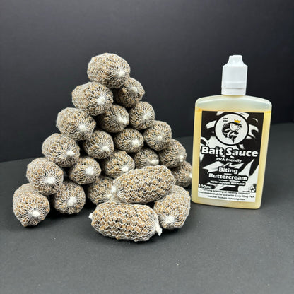 PRE TIED PVA BAGS SESSION PACK + CARP KING BAIT SAUCE (SIX FLAVOURS) - CarpKing.co.uk - 25 balls + BITING BUTTERCREAM