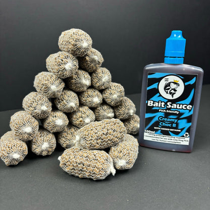 PRE TIED PVA BAGS SESSION PACK + CARP KING BAIT SAUCE (SIX FLAVOURS) - CarpKing.co.uk - 25 balls + CREAMY CHOC