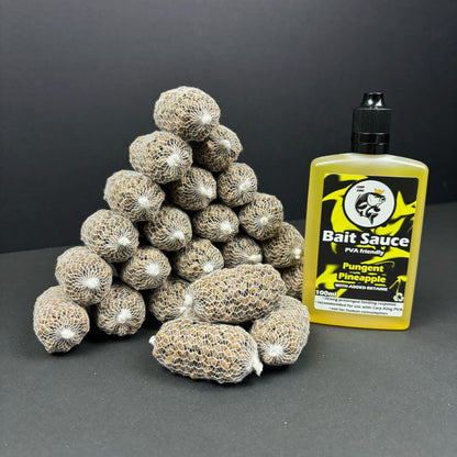 PRE TIED PVA BAGS SESSION PACK + CARP KING BAIT SAUCE (SIX FLAVOURS) - CarpKing.co.uk - 25 balls + PUNGENT PINEAPPLE