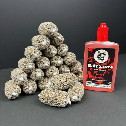 PRE TIED PVA BAGS SESSION PACK + CARP KING BAIT SAUCE (SIX FLAVOURS) - CarpKing.co.uk - 25 balls + SWEET SCOPEX