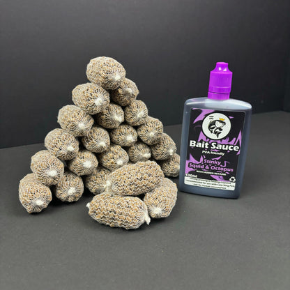 PRE TIED PVA BAGS SESSION PACK + CARP KING BAIT SAUCE (SIX FLAVOURS) - CarpKing.co.uk - 25 balls + STINKY SQUID