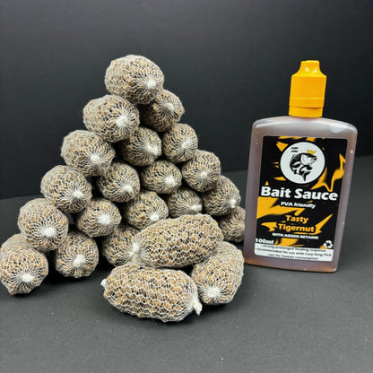 PRE TIED PVA BAGS SESSION PACK + CARP KING BAIT SAUCE (SIX FLAVOURS) - CarpKing.co.uk - 25 balls + TASTY TIGERNUT